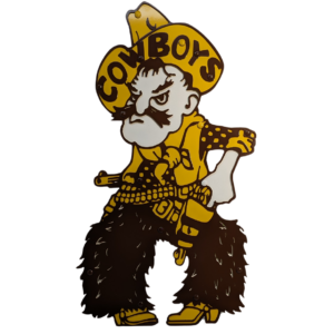 Pistol pete yard decor. Pitol pete is gold, white and brown with yard stakes coming out of the boots.