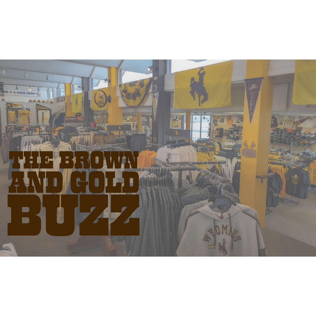 Image is a picture inside brown and gold Laramie With the brown and gold Buzz in brown text