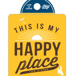 gold rectangular decal with slogan This is My Happy place printed in brown. Small bucking horse in the corner