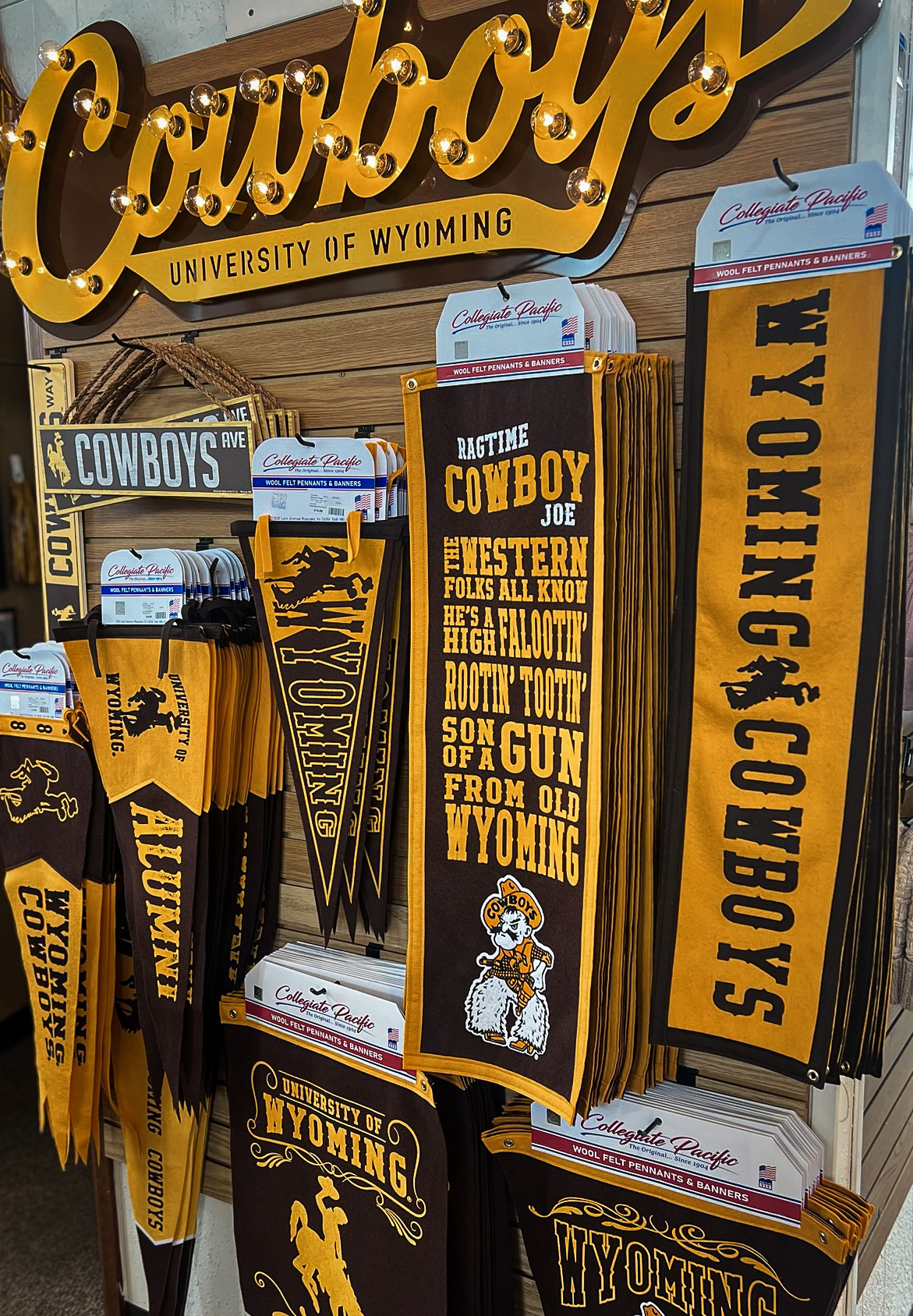 A display case of various novelty brown & gold gear