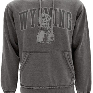 Dark grey hooded sweatshirt with design on front. Wyoming arced in darker grey in background. Grey pistol pete in foreground. Design is centered