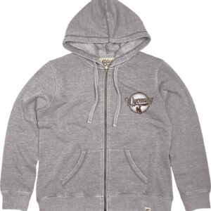 grey full zip hooded sweatshirt. Design on front left chest. Script wyoming and bucking horse within a circle. Text is brown background of circle is white.