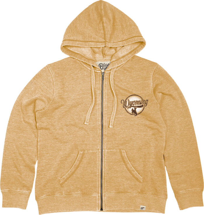 gold full zip hooded sweatshirt. Design on front left chest. Script wyoming and bucking horse within a circle. Text is brown background of circle is white.