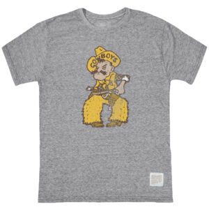 grey short sleeve t-shirt with pistol pete on front. Pete is gold and brown, about 8 inches tall and 3 inches wide