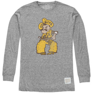 grey long sleeve t-shirt with pistol pete on front. Pete is gold and brown, about 8 inches tall and 3 inches wide