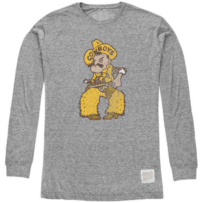 grey long sleeve t-shirt with pistol pete on front. Pete is gold and brown, about 8 inches tall and 3 inches wide