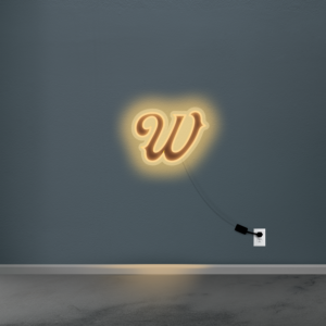 Cursive W neon sign. Brown background with gold, lighted, outline. acrylic baking.