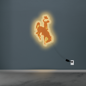 Bucking horse neon sign. Brown background with gold, lighted, outline. Clear acrylic backing