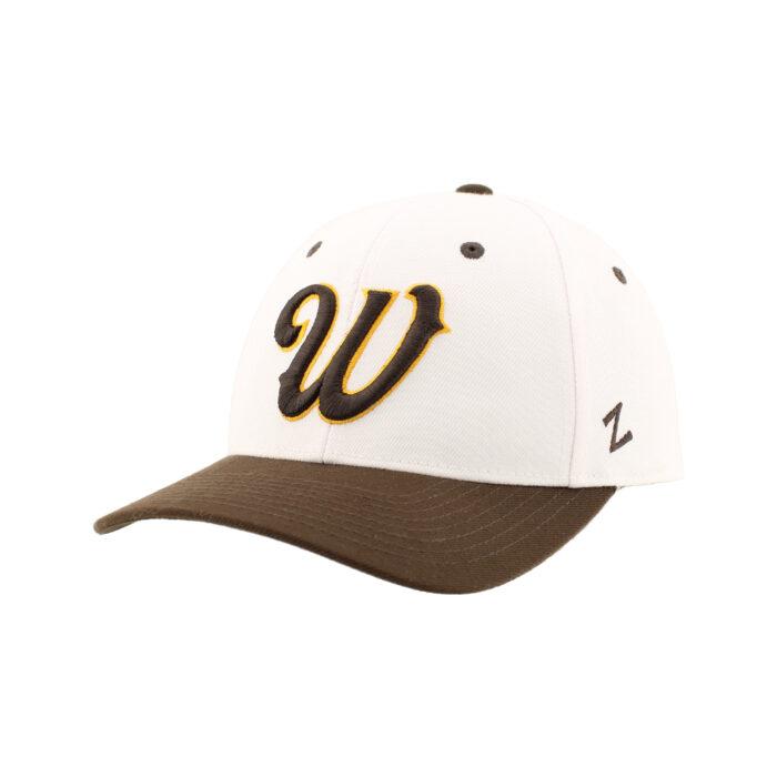 Fitted hat with white cap and brown brim. Embroidered brown W with gold outline on front. Embroidered bucking horse in brown on back