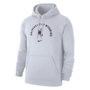 White hooded sweatshirt. University of wyoming in half circle arc, with bucking horse in center of arc. All text is brown/Black.