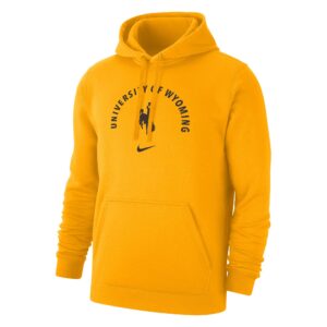 gold hooded sweatshirt. University of wyoming in half circle arc, with bucking horse in center of arc. All text is brown/Black.
