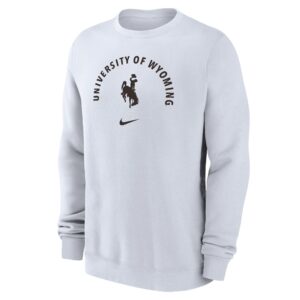 White crewneck sweatshirt. University of wyoming in half circle arc, with bucking horse in center of arc. All text is brown/Black.