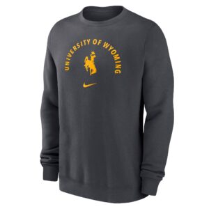 dark grey crewneck sweatshirt. University of wyoming in half circle arc, with bucking horse in center of arc. All text is brown/Black.