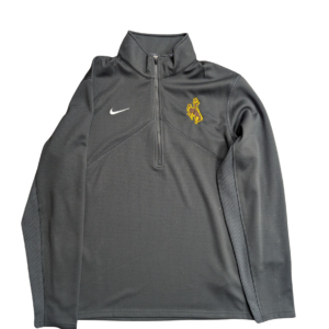 Grey quarter zip jacket. Brown bucking horse with gold outline on left chest and Nike swoosh on right chest.