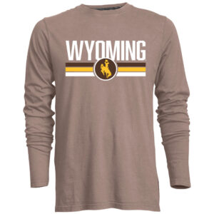 light brown long sleeve tee with design on front. Wyoming, in white, across the chest, with brown gold and white stripes under. in center of stripes, gold bucking horse