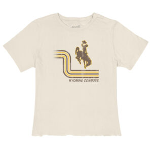 off white short sleeve tee. On front, left center is brown bucking horse with gold outline. Below, L shaped retro stripes in gold and brown, with wyoming cowboys under.