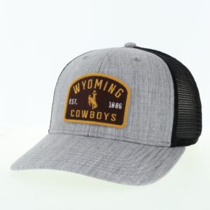 grey snapback adjustable hat with patch on front and black mesh backing. Patch is brown with wyoming cowboys in gold. bucking horse between words