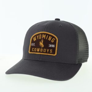 grey snapback adjustable hat with patch on front and mesh backing. Patch is brown with wyoming cowboys in gold. bucking horse between words