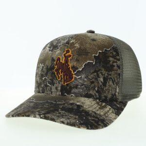 Camo adjustable hat with green/grey mesh backing. On front, embroidered bucking horse in brown with gold outline. Snap closure