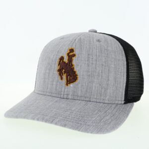 Grey and black hat. Front and brim are grey with brown and gold bucking horse on front. Back is black mesh with snap closure