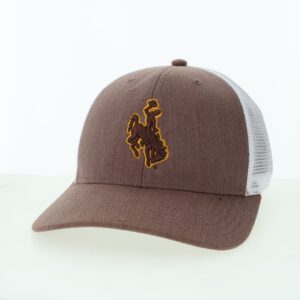 Brown and White hat. Front and brim are Brown with brown and gold bucking horse on front. Back is white mesh with snap closure