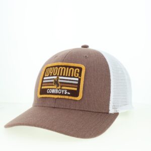 Brown and white adjustable hat. Brown on front and brim with patch on front. Patch is wyoming in gold with gold and white stripes, cowboys under. White mesh back