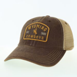 brown hat, front is brown with white mesh backing. Patch on front is wyoming, with bucking horse under and cowboys at bottom. in gold.