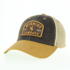 Grey and gold hat, brim is gold front is grey with white mesh backing. Patch on front is wyoming, with bucking horse under and cowboys at bottom. in gold.