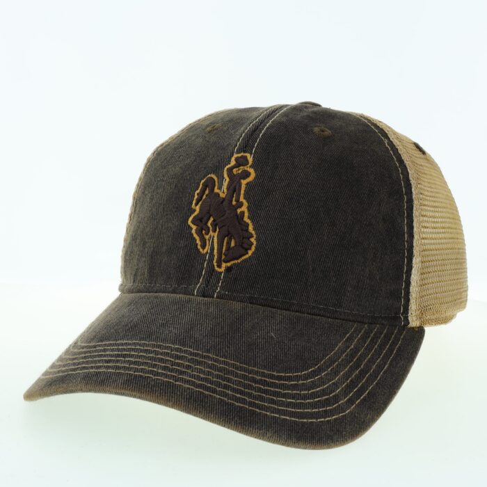 Black adjustable hat, brim and front are black and back is tan mesh. On front, embroidered bucking horse, brown with gold outline.