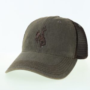 Grey and brown adjustable snapback hat. front is grey fabric with embroidered bucking horse in brown. back is brown mesh.