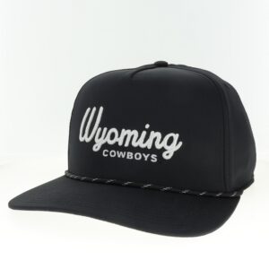 Black slight curve brimmed hat. Wyoming, in script text, and cowboys, in block text, in white on front. Paracord accent on brim.