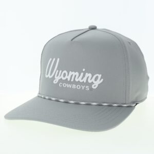 Grey slight curve brimmed hat. Wyoming, in script text, and cowboys, in block text, in white on front. Paracord accent on brim.