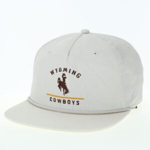 White flat brim hat. Wyoming with bucking horse under and cowboys at bottom, embroidered on front of hat. Snap closure at back.