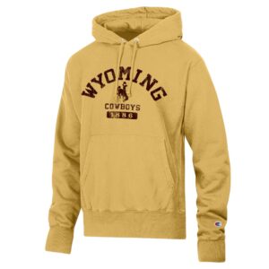 gold hooded sweatshirt with design on front. Design is wyoming arced with bucking horse and cowboys under. Design is all in brown.