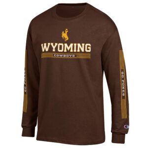 brown long sleeve tee. On front gold bucking horse at top with wyoming in white with gold outline with cowboys under withing gold striped. Go pokes within gold stripes on sleeves
