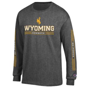 Grey long sleeve tee. On front gold bucking horse at top with wyoming in white with gold outline with cowboys under withing gold striped. Go pokes within gold stripes on sleeves