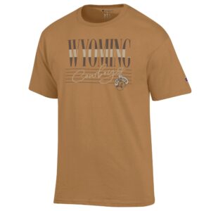 Brown short sleeve tee with wyoming in light brown with light brown stripe in middle. Cowboys in script under wyo with pistol pete head to left of cowboys.