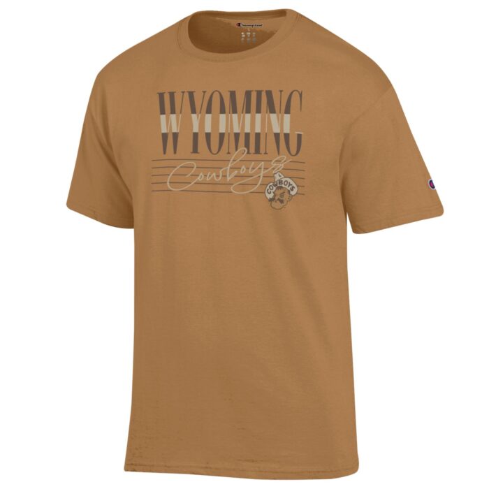 Brown short sleeve tee with wyoming in light brown with light brown stripe in middle. Cowboys in script under wyo with pistol pete head to left of cowboys.