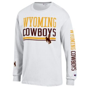 White long sleeve tee with Wyoming, in gold, cowboys, in brown on center chest and left sleeve. Brown bucking horse on left lower chest and right sleeve