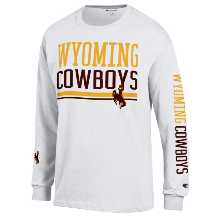 White long sleeve tee with Wyoming, in gold, cowboys, in brown on center chest and left sleeve. Brown bucking horse on left lower chest and right sleeve