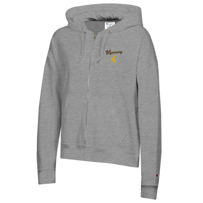 Grey full zip jacket with script embroidered wyoming on left chest with gold bucking horse. Embroidery is in brown