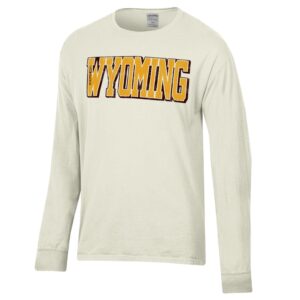 grey long sleeve t-shirt with wyoming across center chest in big bold lettering. Lettering is gold with brown outline
