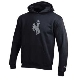 youth black hooded sweatshirt. Design on front is soft tinted grey bucking horse.