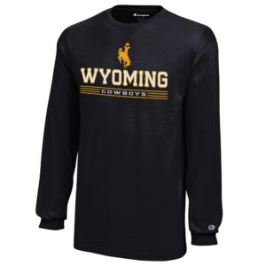 You, black, long sleeve tee. design on front is white wyoming with gold outline. Gold bucking horse above wyo, with cowboys in white with yellow stripes under wyo.