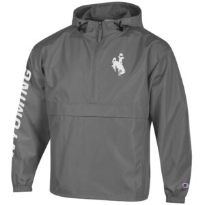 Black half zip wind breaker. White bucking horse on left shoulder and white block wyoming on right sleeve.