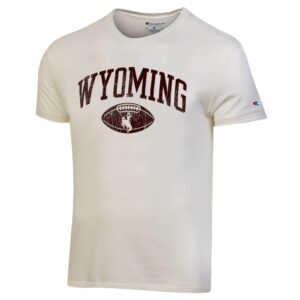 White short sleeve tee with brown screen print design on front. Arced Wyoming with a football under.