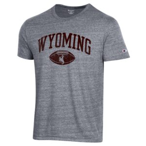 Grey short sleeve tee with brown screen print design on front. Arced Wyoming with a football under.