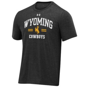 Dark grey t-shirt. Design is arced wyoming with bucking horse under and cowboys at bottom. Deisgn is in white, bucking horse in gold.