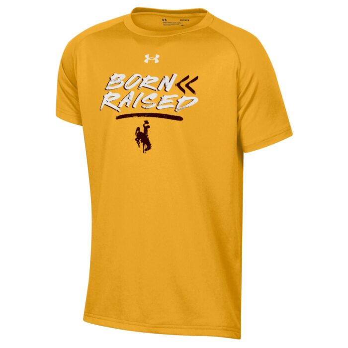 Gold youth short sleeve tee. Design is text, born raised in white, with a brown underline. under underline, brown bucking horse