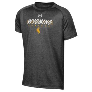 dark grey youth short sleeve tee with design on front. Design is distressed Wyoming in white with cross hatching gold behind. Under wyo, cowboys and bucking horse in gold